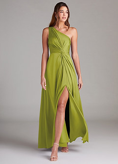 Azazie Brooke Robes de demoiselle d'honneur Robe Trapèze en Satin extensible Une épaule Citronnelle image4
