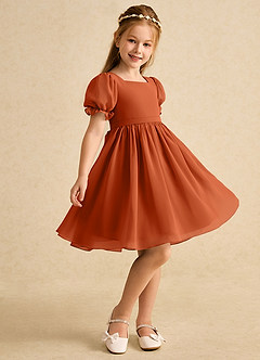 Azazie Jolie Flower Girl Dresses Burnt Orange A-Line with Sleeves Chiffon Dress image1