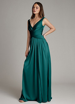 Azazie Pauline Final Sale Peacock A-Line Pleated Stretch Satin Dress image7