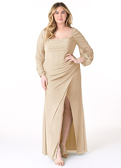 Azazie Charissa Bridesmaid Dresses Champagne Sheath Corset Pleated Mesh Dress image7
