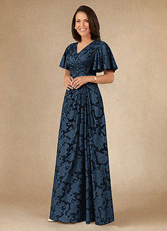 Azazie Emmeline Mother of the Bride Dresses Dark Navy A-Line Pleated Floral Burnout Dress image3
