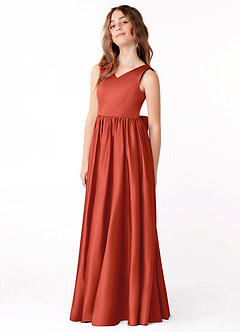 Azazie Hathaway Junior Abito A-Line in Raso Elasticizzato Fiocco Ruggine image4