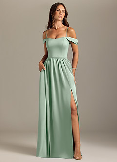 Azazie Calianna Bridesmaid Dresses Agave A-Line Off the Shoulder Stretch Satin Convertible Dress image5