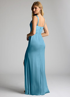 Azazie Elida Bridesmaid Dresses Steel Blue Sheath Pleated Stretch Satin Dress image2