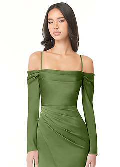 Azazie Hallie Brudtärnklänningar Klänning av Tubklänning i Stretch Satin Off-The-Soulder långärmad Enbärsgrön Konvertibel image2