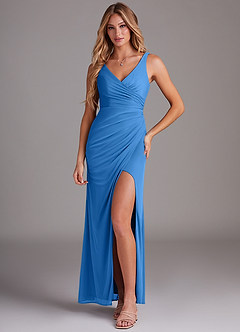 Azazie Leandra Vestidos de damas de honor Vestido de Azul Grisaceo de Malla de Corte Sirena con Cuello en V Plisado image1