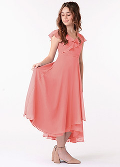 Azazie Posie Junior Coral A-Line Ruched Chiffon Dress image3