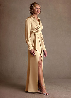 Azazie Jacinta 신부의 어머니 드레스 쉬스 주름진 스트레치 새틴 플로어 길이 드레스 image4