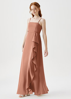 Azazie Kaylee Junior Bronzer A-Line with Belt Stretch Satin Dress image4