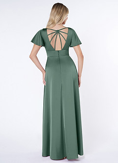 Azazie Lani Bridesmaid Dresses Eucalyptus A-Line Flounce Sleeve Stretch Satin Dress image2
