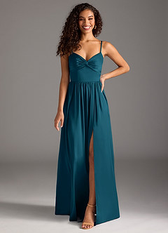 Azazie Zeya Robes de demoiselle d'honneur Robe Trapèze en Satin extensible Plissée Bleu Encre image8