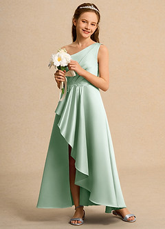 Azazie Taffy Girls Formal Robe Demoiselle D'honneur Fillette Robe Trapèze en Mat Satiné Dentelle Agave image4