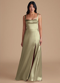 Azazie Hope Bridesmaid Dresses Moss Green A-Line with Pockets Metallic Satin Dress image2