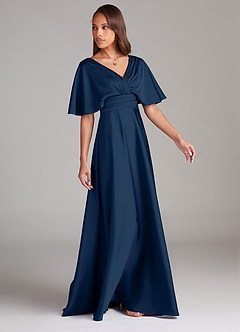 Azazie Pamela Bridesmaid Dresses Dark Navy A-Line Pleated Stretch Satin Dress image3