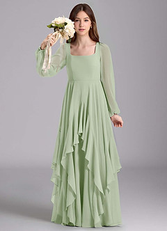 Azazie Clara Junior Abito A-Line in Chiffon Blusa Verde Salvia image3