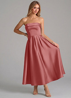 Azazie Lucienne 신부 들러리 드레스 A라인 주름진 스트레치 새틴 발목 길이 드레스 image5