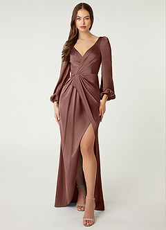 Azazie Mel Robes de demoiselle d'honneur Robe Fourreau en Satin extensible Manche longue Expresso image1