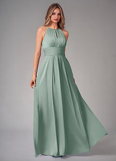 Azazie Bonnie At-home Try On Dresses Dusty Blue A-Line Pleated Stretch Satin Dress image1