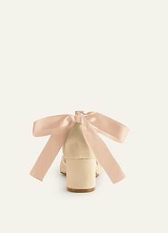 front Satin Pearl and Bow Pointed Toe Block Heels