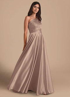 Azazie Charlize Bridesmaid Dresses Taupe A-Line One Shoulder Metallic Satin Dress image4