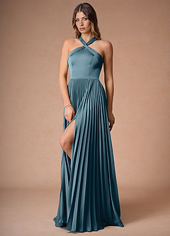 Afra Azure Blue A-Line Pleated Stretch Satin Dress image4