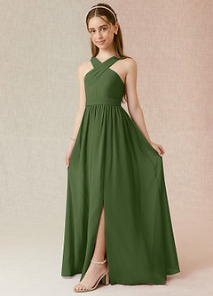 Azazie Jiya Junior Olive A-Line Pleated Chiffon Dress image1