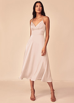 Azazie Dottie Robes de demoiselle d'honneur Robe Trapèze en Satin extensible Rose Pâle image3