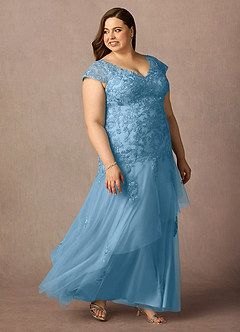 Azazie Romy Mother of the Bride Dresses Steel Blue Mermaid V-Neck Sequins Tulle Dress image10
