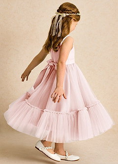 Azazie Miracle Robe Demoiselle D'honneur Fillette Robe Trapèze en Mat Satiné Arc Rose Pâle image5