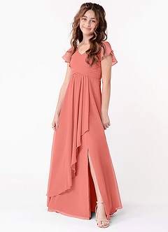 Azazie Omari Junior Salmon Pink A-Line Ruched Chiffon Dress image1