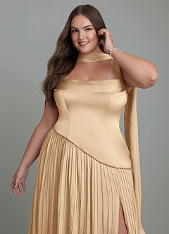 Azazie Stephanie Robes de demoiselle d'honneur Robe Trapèze en Satin extensible Plissé Champagne image13