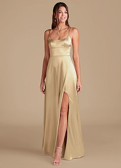 Azazie Halsey Bridesmaid Dresses Champagne A-Line Side Slit Metallic Satin Dress image3
