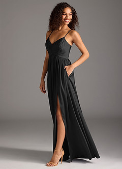 Azazie Alia Vestidos de damas de honor Vestido de Negro de Satén Elástico de Corte en A con Plisado image6