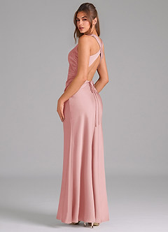 Azazie Evadne Bridesmaid Dresses Powder Pink Sheath Pleated Stretch Satin Dress image5