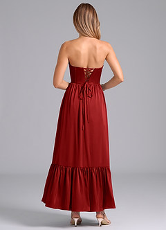 Azazie Leilana Bridesmaid Dresses Pomegranate A-Line Corset Stretch Satin Dress image2