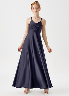 Azazie Avelina Junior Abito A-Line in Raso Elasticizzato Plissettato Stormy image1