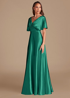 Azazie Pamela Bridesmaid Dresses Emerald A-Line Pleated Metallic Satin Dress image4