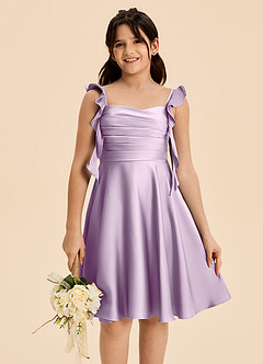 Azazie Kira Junior Frosted Lilac A-Line Ruched Stretch Satin Dress image7