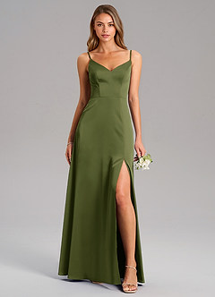 Azazie Talina Bridesmaid Dresses Olive A-Line Stretch Satin Dress image1