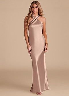 Azazie Doretta Bridesmaid Dresses Taupe Mermaid Bow Metallic Satin Dress image3