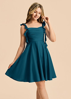 Azazie Kira Junior Ink Blue A-Line Ruched Stretch Satin Dress image5
