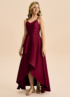 Azazie Eirlys Junior Burgundy A-Line Pleated Stretch Satin Dress image5