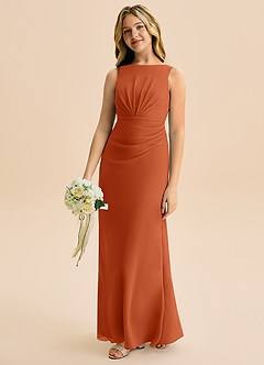 Azazie Floris Junior Robe Trapèze en Mousseline de soie Plissée Orange Brûlée image1