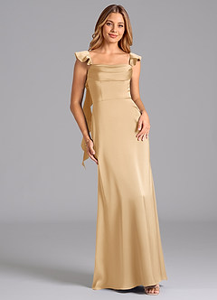 Azazie Adi Bridesmaid Dresses Gold A-Line Pleated Stretch Satin Dress image1