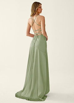 Annabella Rose Light Green Satin Lace Up Back Prom Dress image2