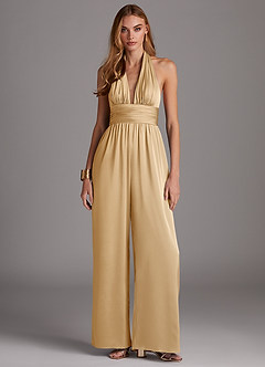 Azazie Oli Bridesmaid Dresses Gold Pleated Stretch Satin Jumpsuit image3