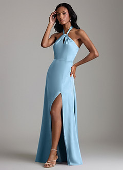 Azazie Tracie Bridesmaid Dresses Steel Blue A-Line Side Slit Stretch Satin Dress image4