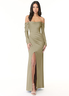 Azazie Hallie Bridesmaid Dresses Moss Green Sheath Off-The-Shoulder Long Sleeve Stretch Satin Convertible Dress image3