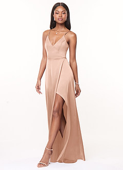 Azazie Maksim Bridesmaid Dresses Rose Gold A-Line V-Neck Stretch Satin Dress image4
