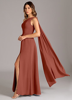 Azazie Tella Vestidos de madrinha de casamento Vestido Castanho Aloirado de Chiffon de Linha A com Um ombro image1
